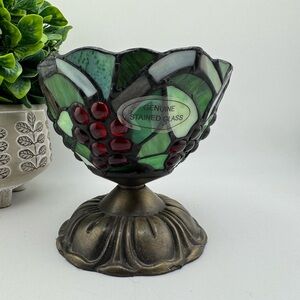Tiffany Style Stained Glass Pedestal Bowl Grape Vine Design Decorative Art Glass